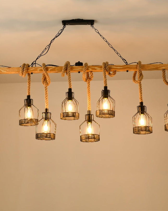 Rustykalna Lampa Wisząca Vintage z Regulowaną Wysokością do Salonu i Jadalni – Czarne Lampy Nad Stół z Liny i Drewna 9