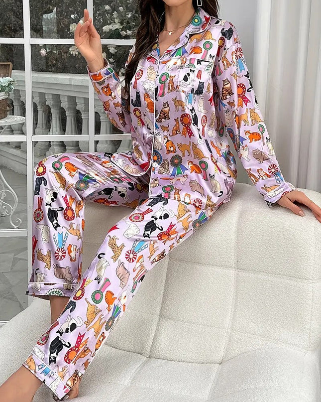 SatinChic | Satynowy komplet piżamowy z nadrukiem kota na jesień i zimę 0