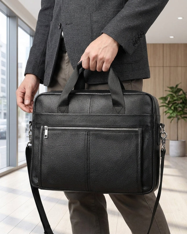 Skórzana aktówka męska z regulowanym paskiem – torba robocza na laptopa w stylu vintage z prawdziwej skóry bydlęcej 1