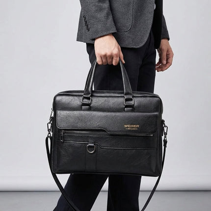 Skórzana torba na laptopa z regulowanym paskiem do laptopów 14-calowych – profesjonalna męska teczka w kolorze czarnym 0