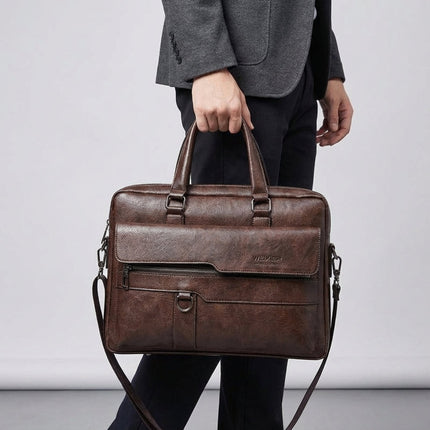 Skórzana torba na laptopa z regulowanym paskiem do laptopów 14-calowych – profesjonalna męska teczka w kolorze czarnym 4