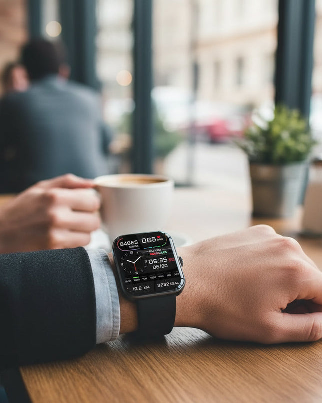 Smartwatch z pomiarem ciśnienia krwi i poziomu cukru we krwi – funkcją połączeń Bluetooth – wytrzymałym silikonowym paskiem i obudową ze stopu cynku 0