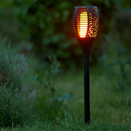Solarna pochodnia ogrodowa w kolorze czarnym, z efektem migoczącego płomienia, dostępna w tr 2