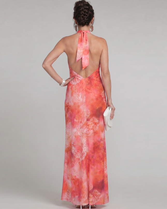 Sukienka maxi z dekoltem halter i nadrukiem – lekka, bezrękawnik na eleganckie okazje 2