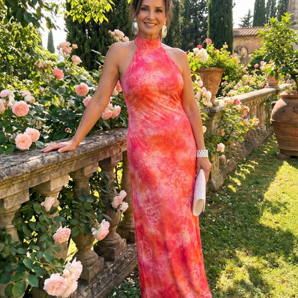 Sukienka maxi z dekoltem halter i nadrukiem – lekka, bezrękawnik na eleganckie okazje 3