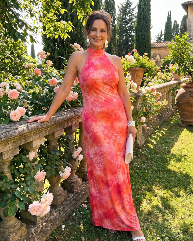 Sukienka maxi z dekoltem halter i nadrukiem – lekka, bezrękawnik na eleganckie okazje 3