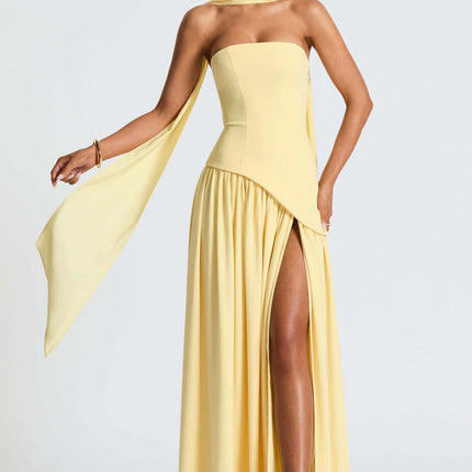 Suknia maxi z gorsetem bez ramiączek i asymetryczną, drapowaną spódnicą – elegancka suknia wieczorowa na formalne wesela i imprezy 0