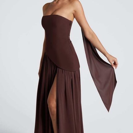 Suknia maxi z gorsetem bez ramiączek i asymetryczną, drapowaną spódnicą – elegancka suknia wieczorowa na formalne wesela i imprezy 7