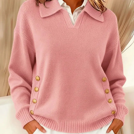 Sweter damski polo z dekoltem w serek, ozdobiony złotymi guzikami, w luźnym kroju ideal 1