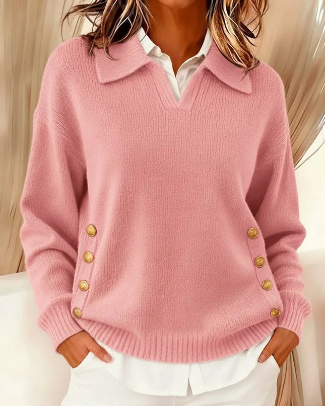 Sweter damski polo z dekoltem w serek, ozdobiony złotymi guzikami, w luźnym kroju ideal 1