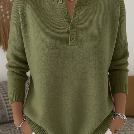 Sweter damski z dzianiny prążkowanej, dekolt Henley, opadające ramiona, modny i 0