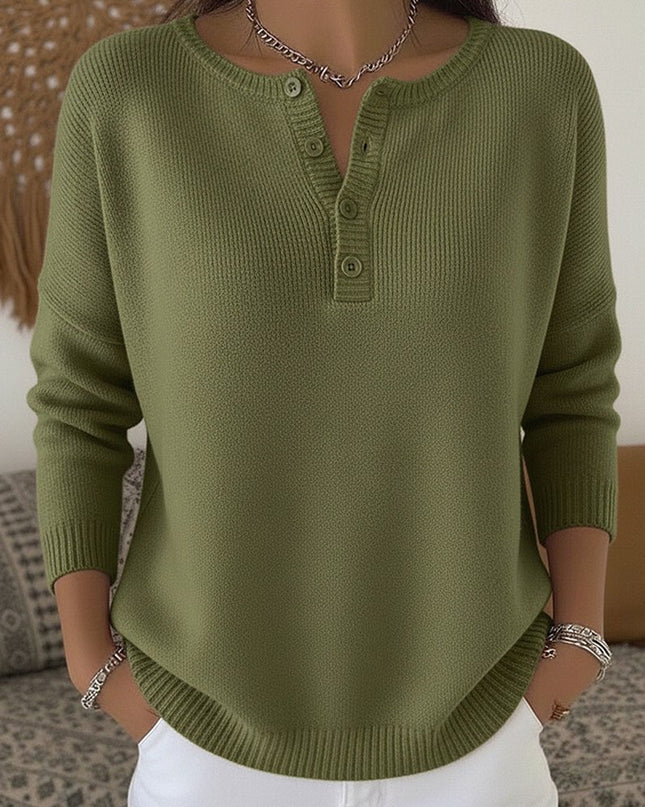 Sweter damski z dzianiny prążkowanej, dekolt Henley, opadające ramiona, modny i 0