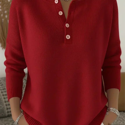 Sweter damski z dzianiny prążkowanej, dekolt Henley, opadające ramiona, modny i 2