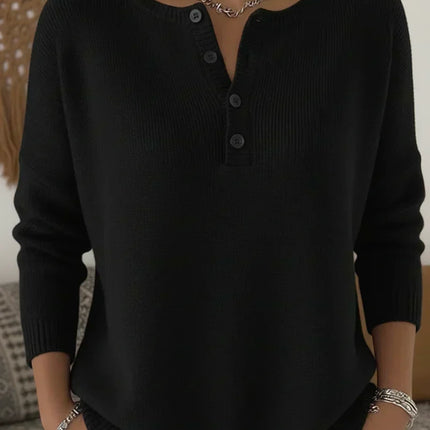 Sweter damski z dzianiny prążkowanej, dekolt Henley, opadające ramiona, modny i 3