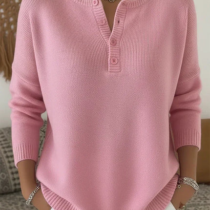 Sweter damski z dzianiny prążkowanej, dekolt Henley, opadające ramiona, modny i 4