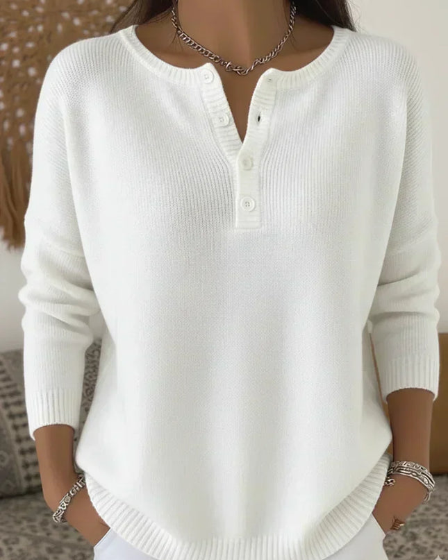 Sweter damski z dzianiny prążkowanej, dekolt Henley, opadające ramiona, modny i 5