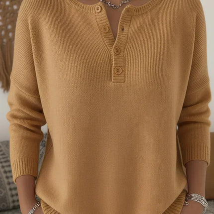 Sweter damski z dzianiny prążkowanej, dekolt Henley, opadające ramiona, modny i 6