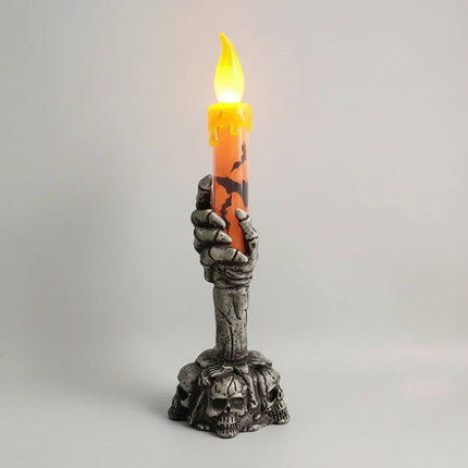 Świeca LED na Halloween z motywem szkielety, w kolorach pomarańczowym i zielonym, o wysokości  0