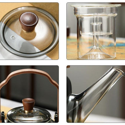 Szklany czajniczek z drewnianą pokrywką i filtrem – 1,2 litra, szkło wędzone i drewno dla eleganckiego doznania picia herbaty 5