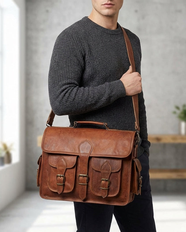 Torba fotograficzna ze skóry w stylu vintage z regulowanymi przegródkami i wieloma kieszeniami – konstrukcja typu crossbody z wytrzymałej skóry koziej 0