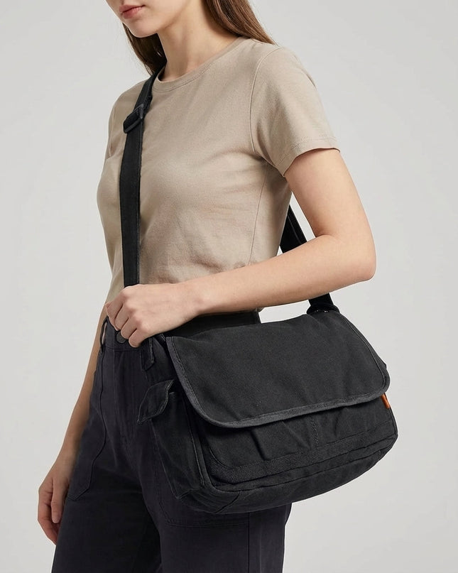 Torba na ramię z płótna z regulowanym paskiem – trwały design w stylu vintage dla kobiet – kolor czarny 4