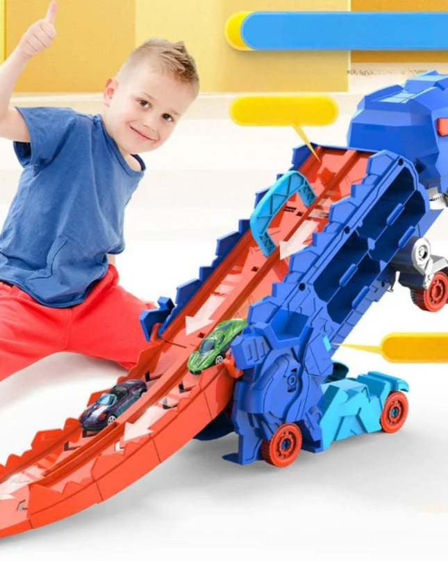 Transformujący tor wyścigowy z dinozaurami i wbudowanym schowkiem na samochody – trwała zabawka z tworzywa ABS dla dzieci 1