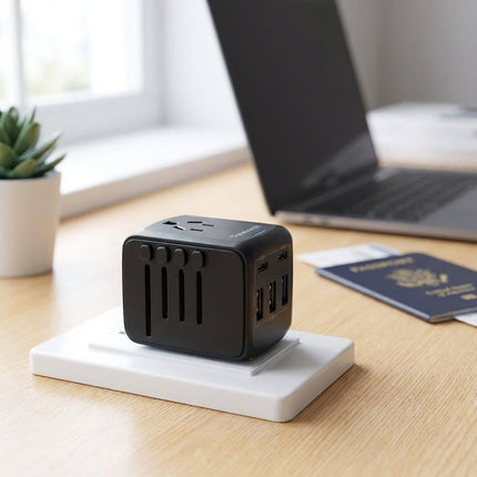 Uniwersalny adapter podróżny z dwoma portami USB i gniazdem sieciowym do użytku na całym świecie – kompaktowa ładowarka do wielu urządzeń 1