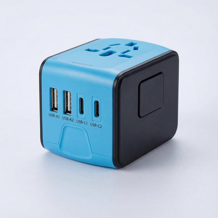 Uniwersalny adapter podróżny z dwoma portami USB i gniazdem sieciowym do użytku na całym świecie – kompaktowa ładowarka do wielu urządzeń 4