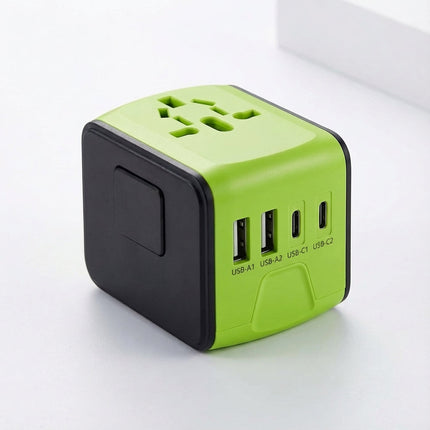Uniwersalny adapter podróżny z dwoma portami USB i gniazdem sieciowym do użytku na całym świecie – kompaktowa ładowarka do wielu urządzeń 5