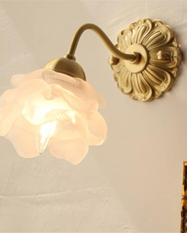 Vintage Kinkiet Ścienny z Miedzi i Szkła – Elegancka Lampa na Ścianę z Płatkami Kwiatów, Ciepłe Światło, 28x17cm 1