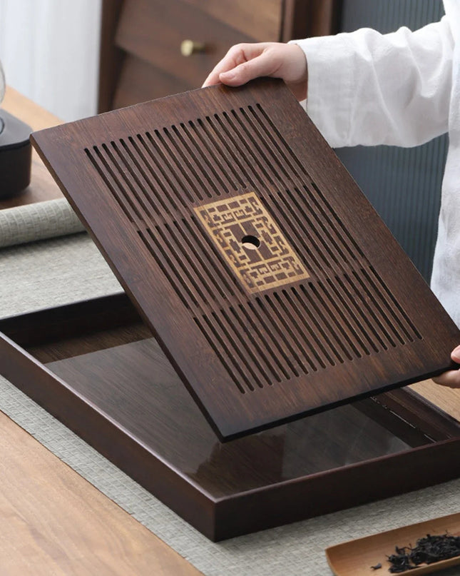 Wielofunkcyjna duża taca na herbatę z bambusa z odpływem – trwała i elegancka konstrukcja 4