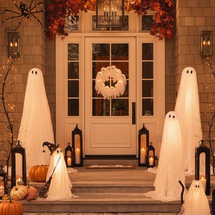Wieniec na Halloween z LED Duchami, dekoracja na drzwi z zasilaniem bateryjnym, idealny do stworzenia str 4
