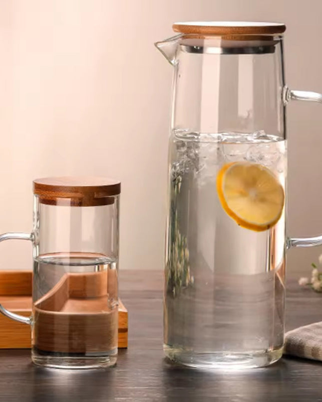 Żaroodporny szklany dzbanek o pojemności 1,2 litra z bambusową pokrywką – nowoczesny i elegancki do napojów gorących i zimnych 0