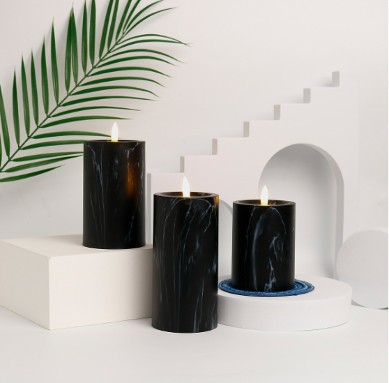 Zestaw 3 Marmurowych Świec LED z Realistycznym Efektem Płomienia – Eleganckie Świece Elektryczne do Wnętrz i na Zewnątrz 0