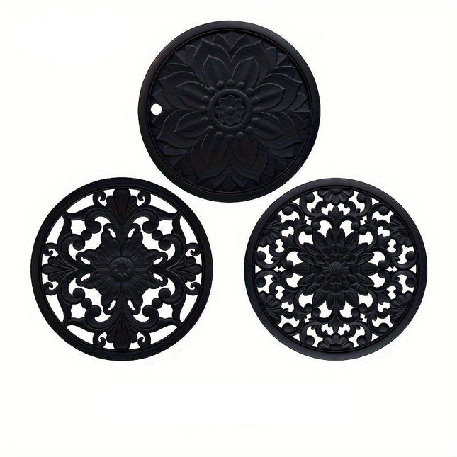 Zestaw 3 czarnych, odpornych na ciepło silikonowych podstawek – antypoślizgowe podstawki pod garnki i patelnie z kwiatowym wzorem do kuchni i jadalni 0