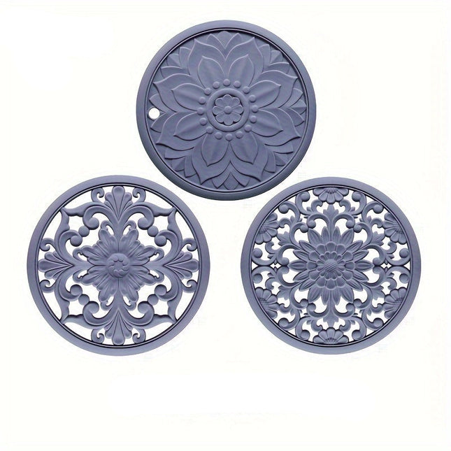 Zestaw 3 czarnych, odpornych na ciepło silikonowych podstawek – antypoślizgowe podstawki pod garnki i patelnie z kwiatowym wzorem do kuchni i jadalni 1