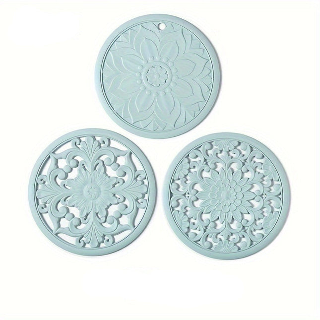 Zestaw 3 czarnych, odpornych na ciepło silikonowych podstawek – antypoślizgowe podstawki pod garnki i patelnie z kwiatowym wzorem do kuchni i jadalni 2