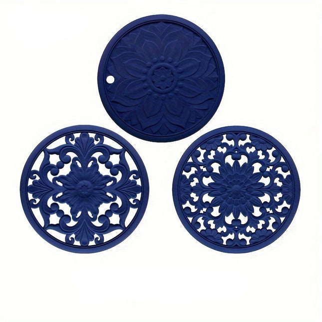 Zestaw 3 czarnych, odpornych na ciepło silikonowych podstawek – antypoślizgowe podstawki pod garnki i patelnie z kwiatowym wzorem do kuchni i jadalni 3