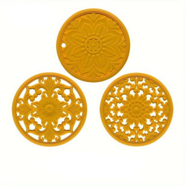 Zestaw 3 czarnych, odpornych na ciepło silikonowych podstawek – antypoślizgowe podstawki pod garnki i patelnie z kwiatowym wzorem do kuchni i jadalni 5