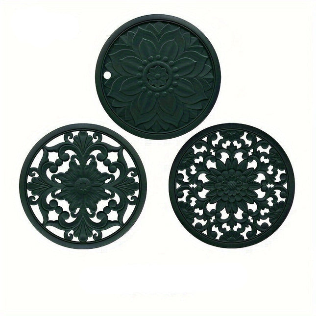 Zestaw 3 czarnych, odpornych na ciepło silikonowych podstawek – antypoślizgowe podstawki pod garnki i patelnie z kwiatowym wzorem do kuchni i jadalni 6