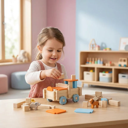 Zestaw drewnianych klocków Montessori dla dzieci, naturalne edukacyjne klocki z drewna wspierające rozwój um 1
