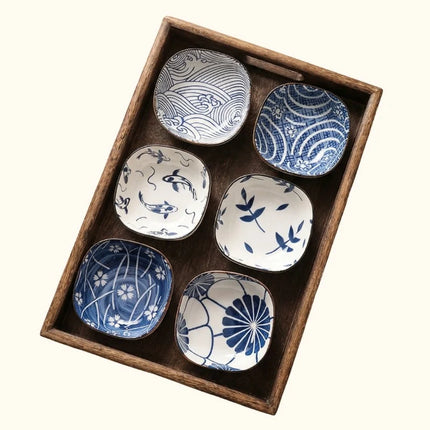 Zestaw ceramicznych misek Kobachi w niebiesko-białe wzory, kwadratowe naczynia idealne do ser 2