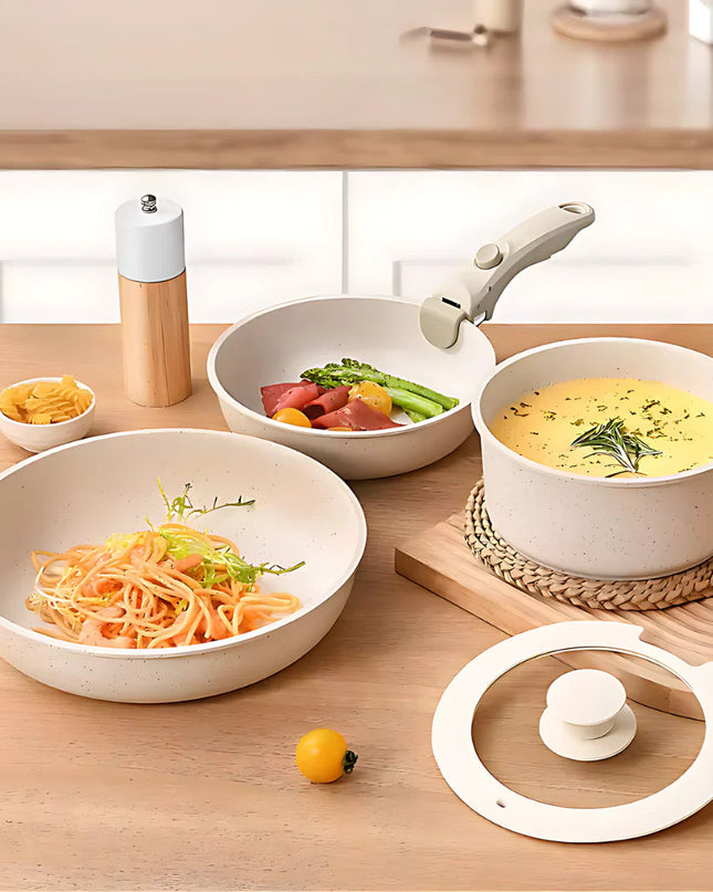 Zestaw naczyń indukcyjnych oszczędzających miejsce z ceramiczną powłoką zapobiegającą przywieraniu – patelnie sztaplowane do zdrowego gotowania 2