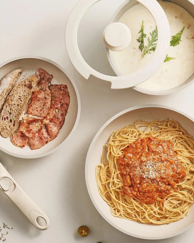 Zestaw naczyń indukcyjnych oszczędzających miejsce z ceramiczną powłoką zapobiegającą przywieraniu – patelnie sztaplowane do zdrowego gotowania 3