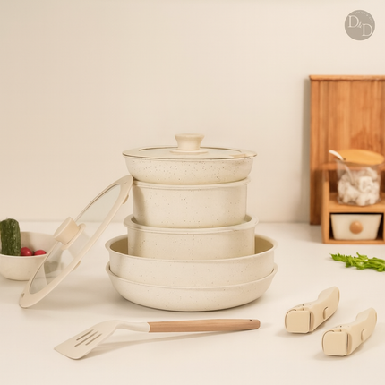 Zestaw naczyń indukcyjnych oszczędzających miejsce z ceramiczną powłoką zapobiegającą przywieraniu – patelnie sztaplowane do zdrowego gotowania 4