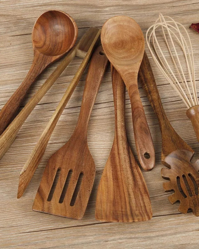 Zestaw naczyń kuchennych z drewna tekowego – 7-częściowy zestaw z powłoką nieprzywierającą do bezpiecznego gotowania 0