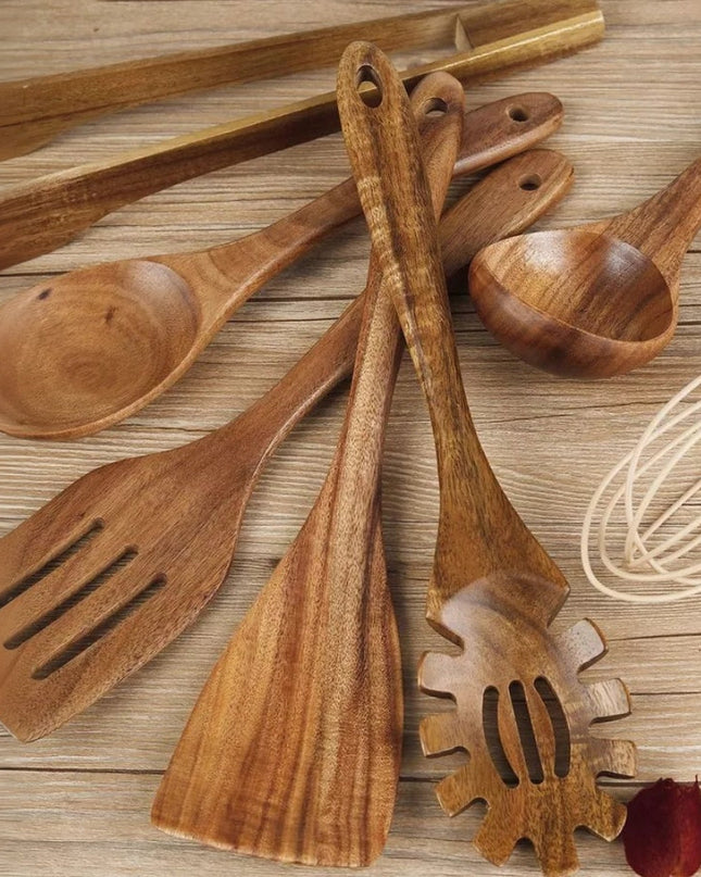 Zestaw naczyń kuchennych z drewna tekowego – 7-częściowy zestaw z powłoką nieprzywierającą do bezpiecznego gotowania 3