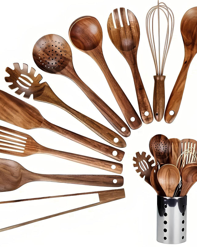 Zestaw przyborów kuchennych z drewna tekowego premium – 11 elementów z drewnianym uchwytem zapewniającym eleganckie doznania kulinarne 0