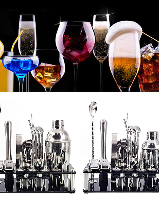 Zestaw shakerów do koktajli ze stali nierdzewnej – 23 elementy ze stojakiem bambusowym i kartami z przepisami dla domowych barmanów 3
