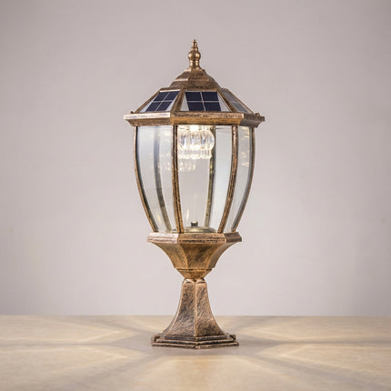 Zewnętrzna lampa solarna z ciepłym światłem LED – styl retro z aluminium i szkła 0